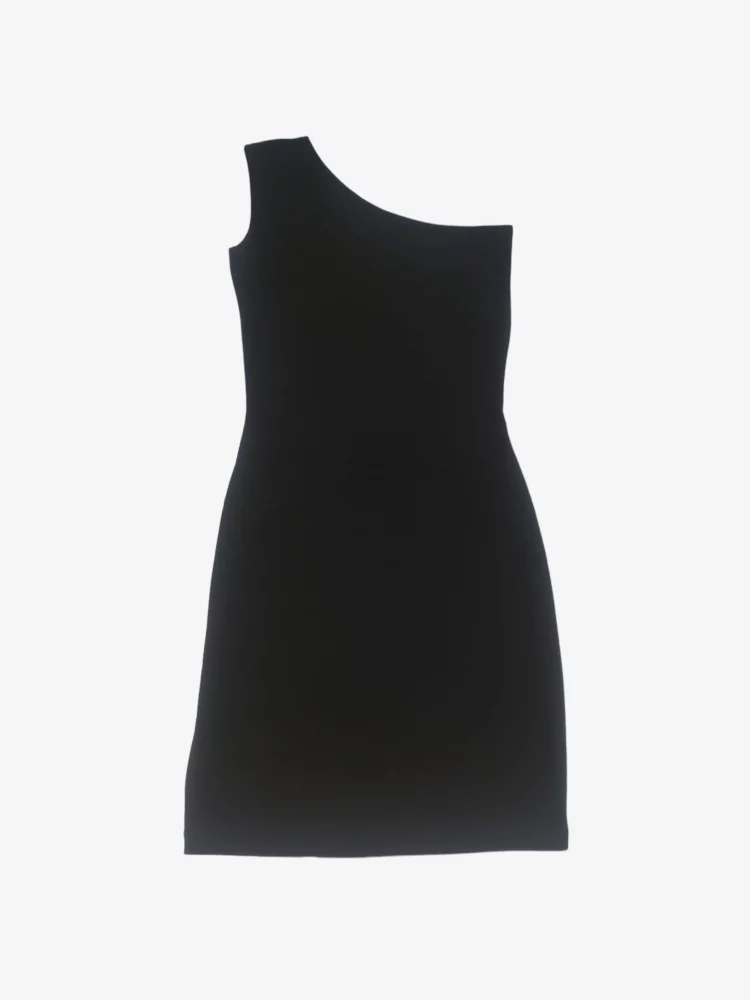 solerio-dresses-one-shoulder-form-fitting-black-front-view